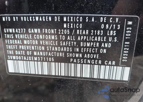 2014 Volkswagen Jetta Se from USA, damaged, VIN 3VWD07AJXEM371105